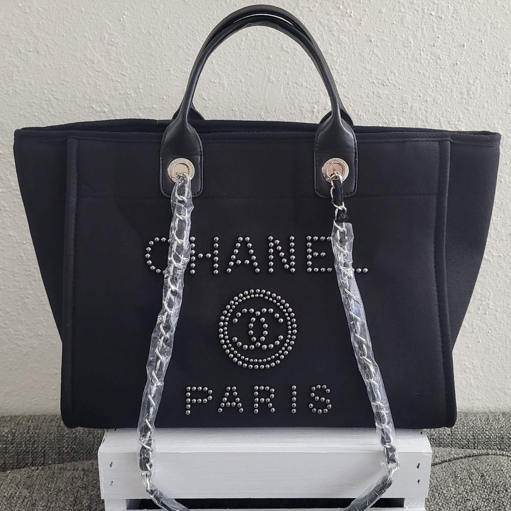Chanel Deauville Canvas Tote Pearl Embellished Medium in Black New Condition